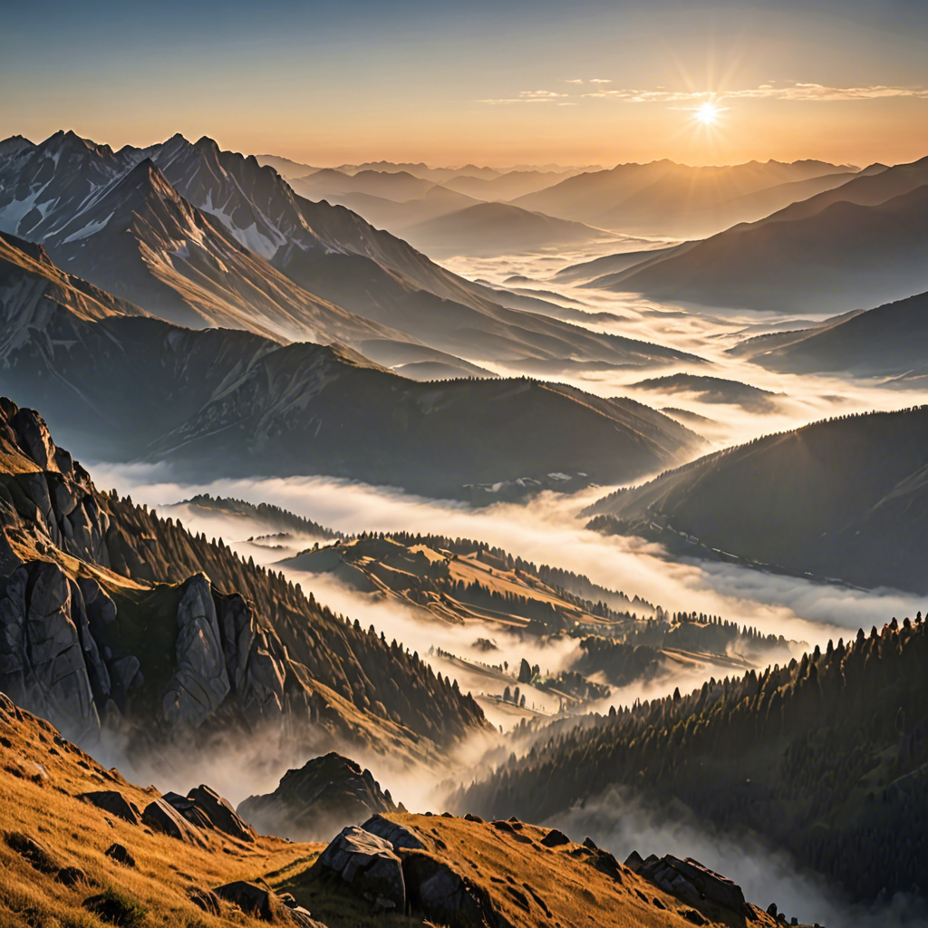 a breathtaking mountain landscape at sunrise, mist over the valley, golden light, ultra detailed — image 5