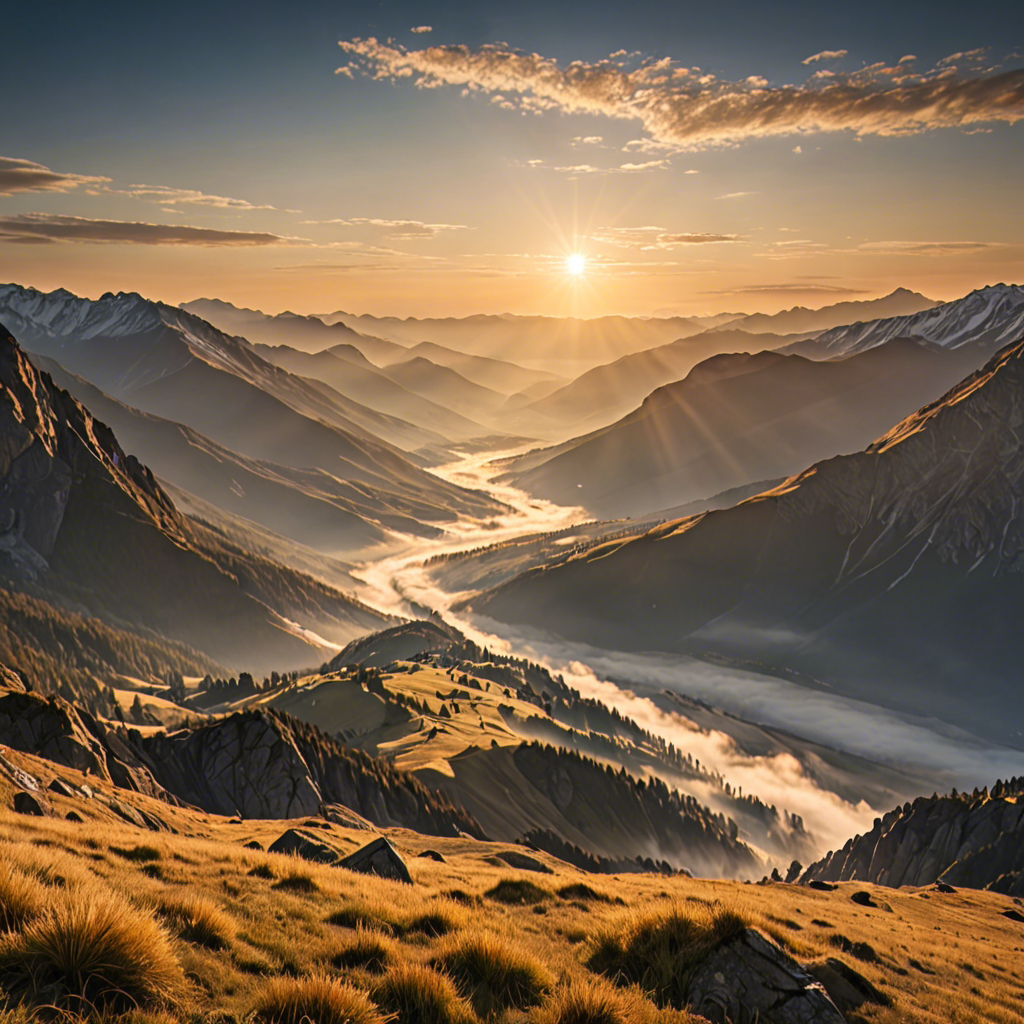 a breathtaking mountain landscape at sunrise, mist over the valley, golden light, ultra detailed — image 6