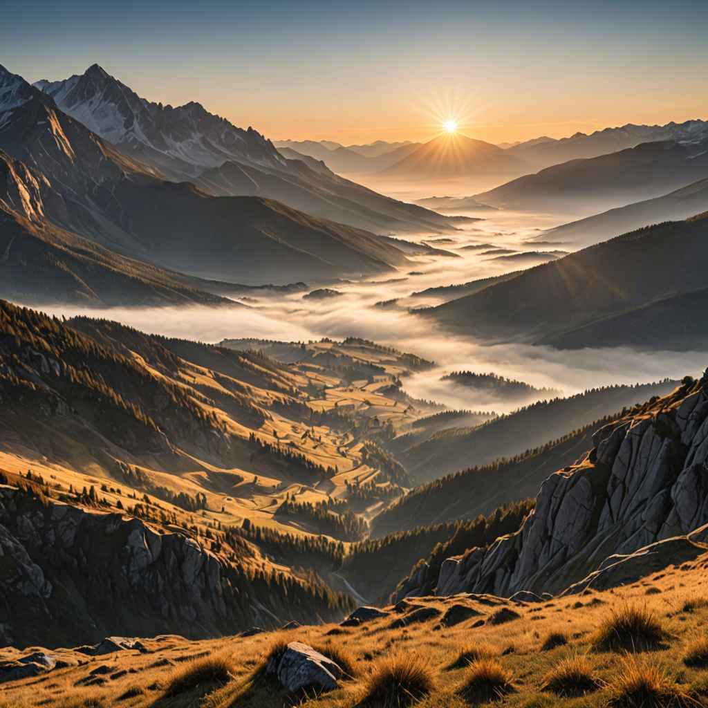 a breathtaking mountain landscape at sunrise, mist over the valley, golden light, ultra detailed — image 7
