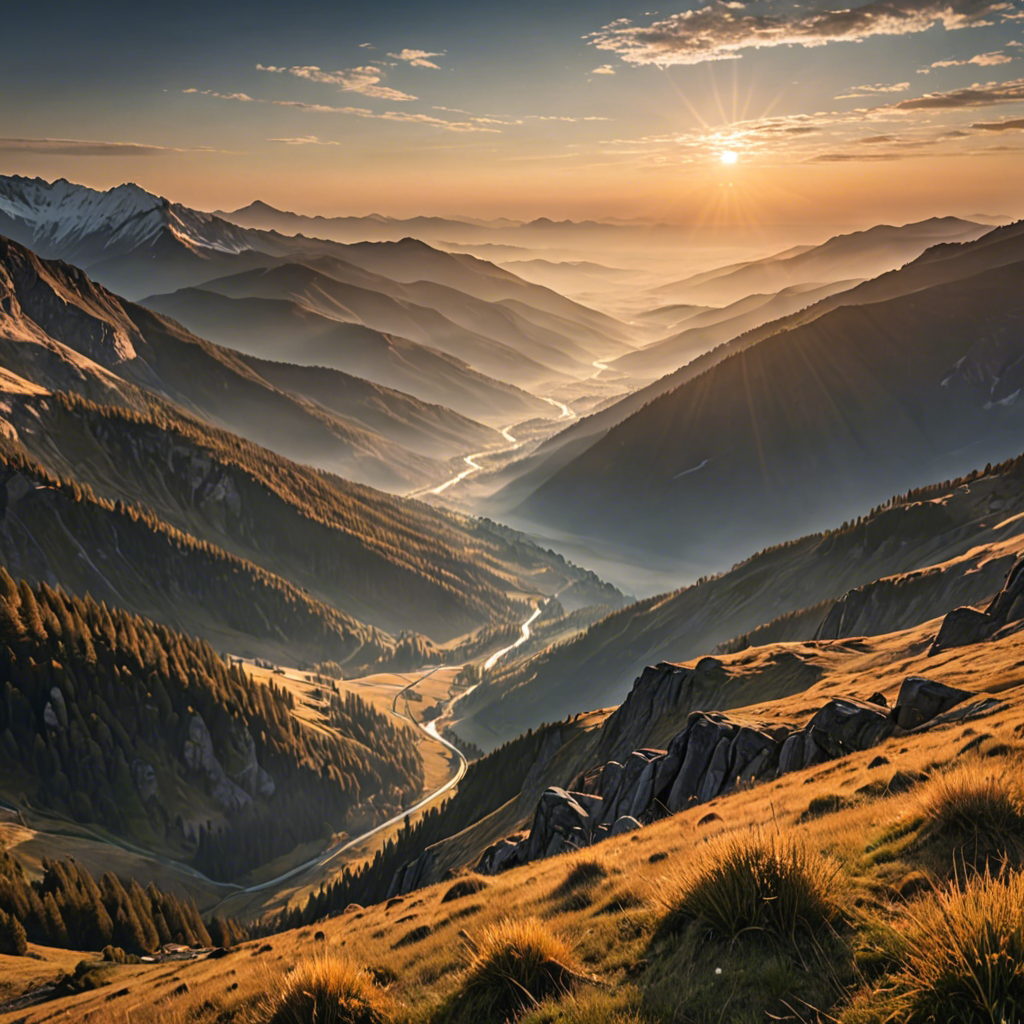 a breathtaking mountain landscape at sunrise, mist over the valley, golden light, ultra detailed — image 8