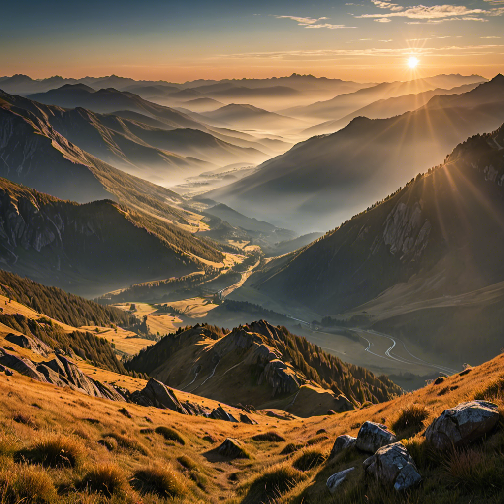 a breathtaking mountain landscape at sunrise, mist over the valley, golden light, ultra detailed — image 9