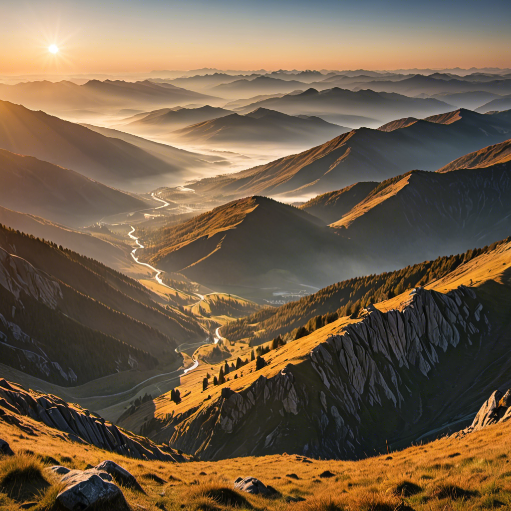 a breathtaking mountain landscape at sunrise, mist over the valley, golden light, ultra detailed — image 10
