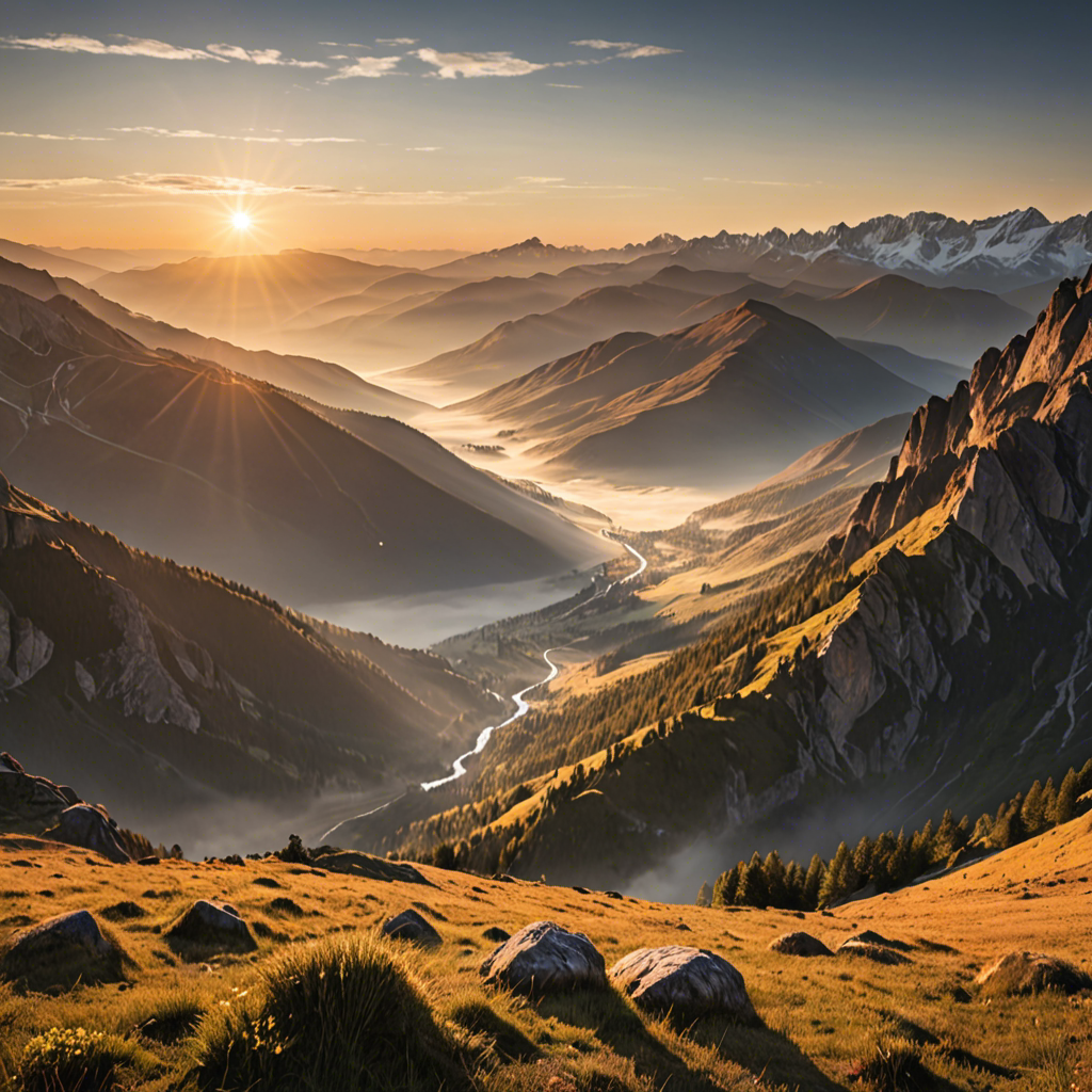a breathtaking mountain landscape at sunrise, mist over the valley, golden light, ultra detailed — image 11