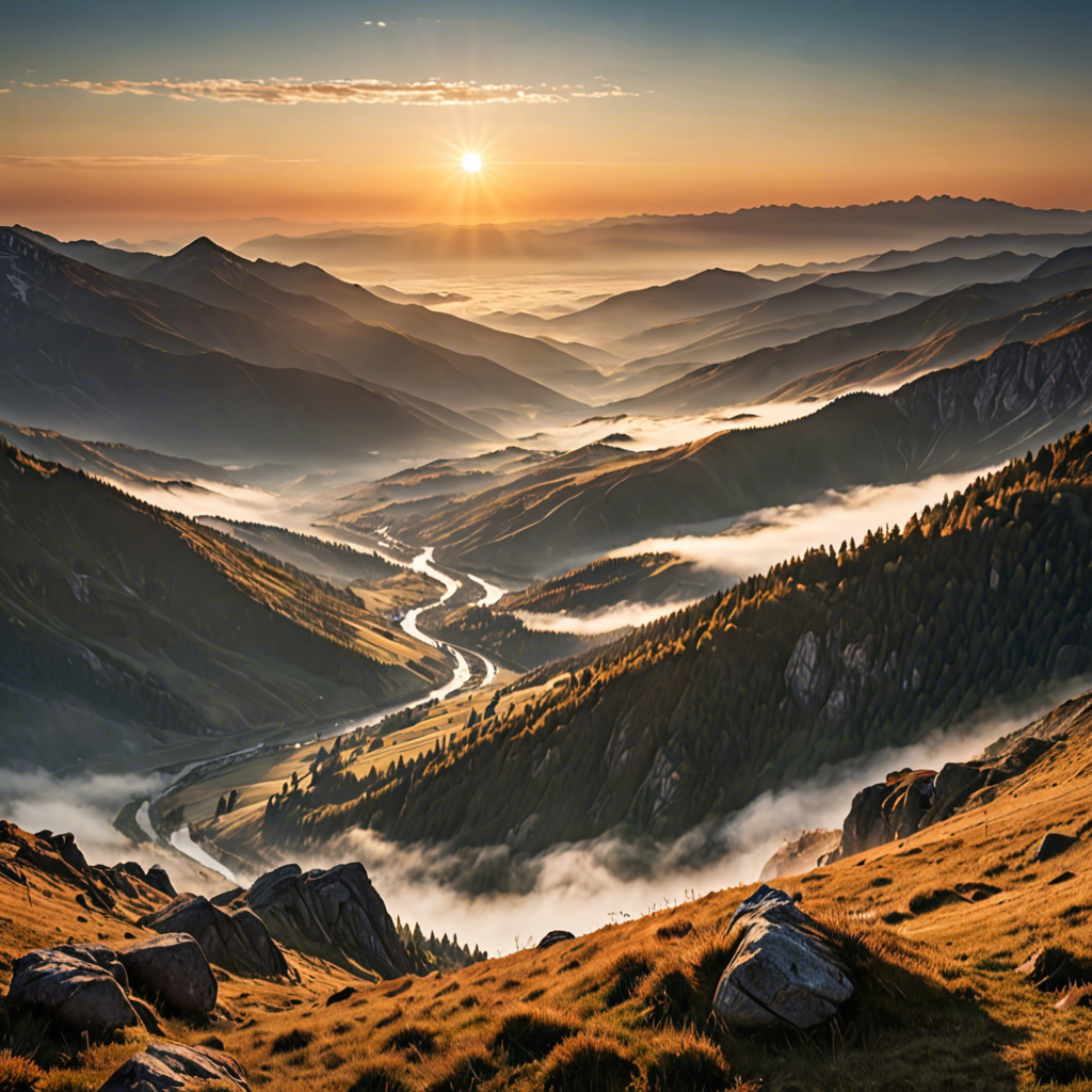 a breathtaking mountain landscape at sunrise, mist over the valley, golden light, ultra detailed — image 12