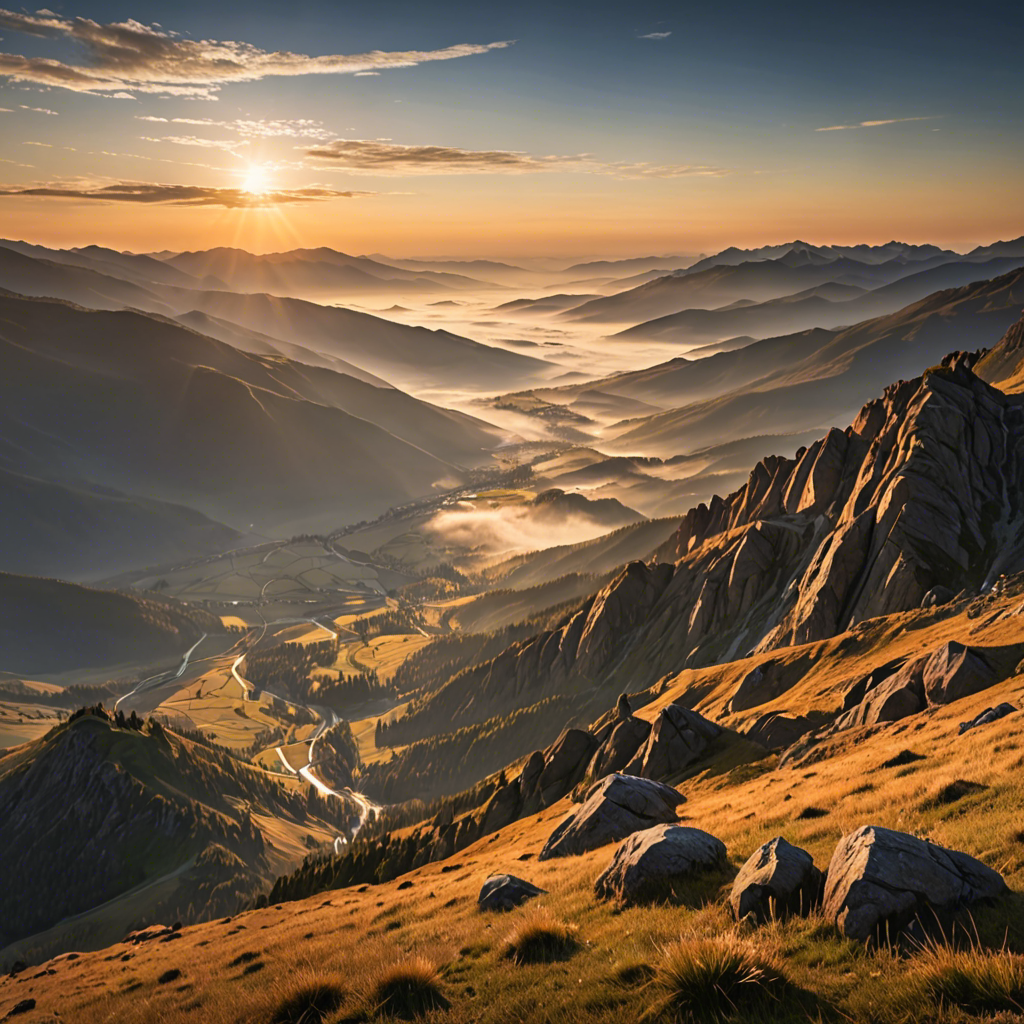 a breathtaking mountain landscape at sunrise, mist over the valley, golden light, ultra detailed — image 13