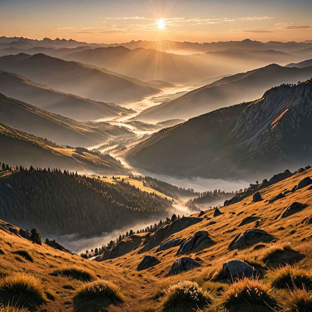a breathtaking mountain landscape at sunrise, mist over the valley, golden light, ultra detailed — image 14