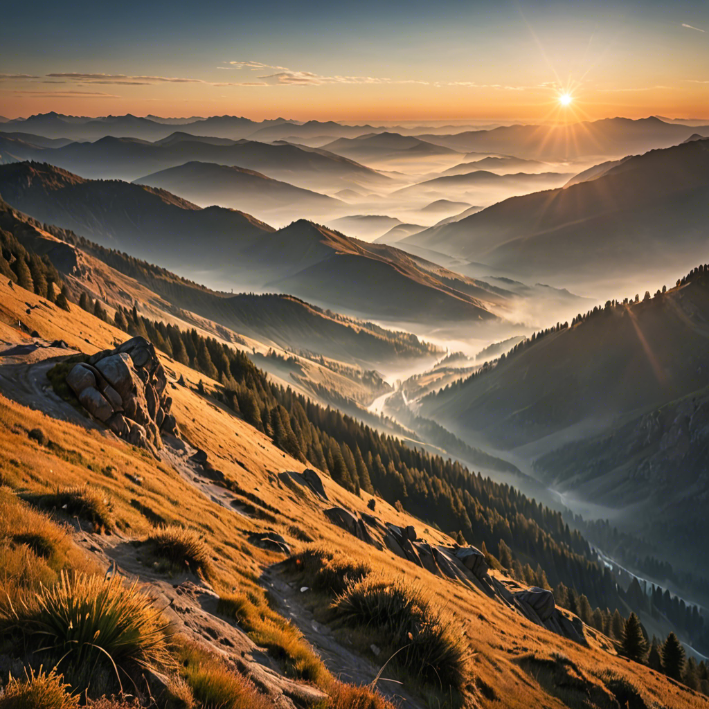 a breathtaking mountain landscape at sunrise, mist over the valley, golden light, ultra detailed — image 15
