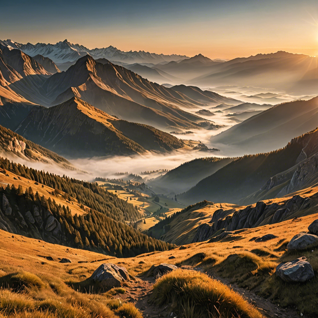 a breathtaking mountain landscape at sunrise, mist over the valley, golden light, ultra detailed — image 16