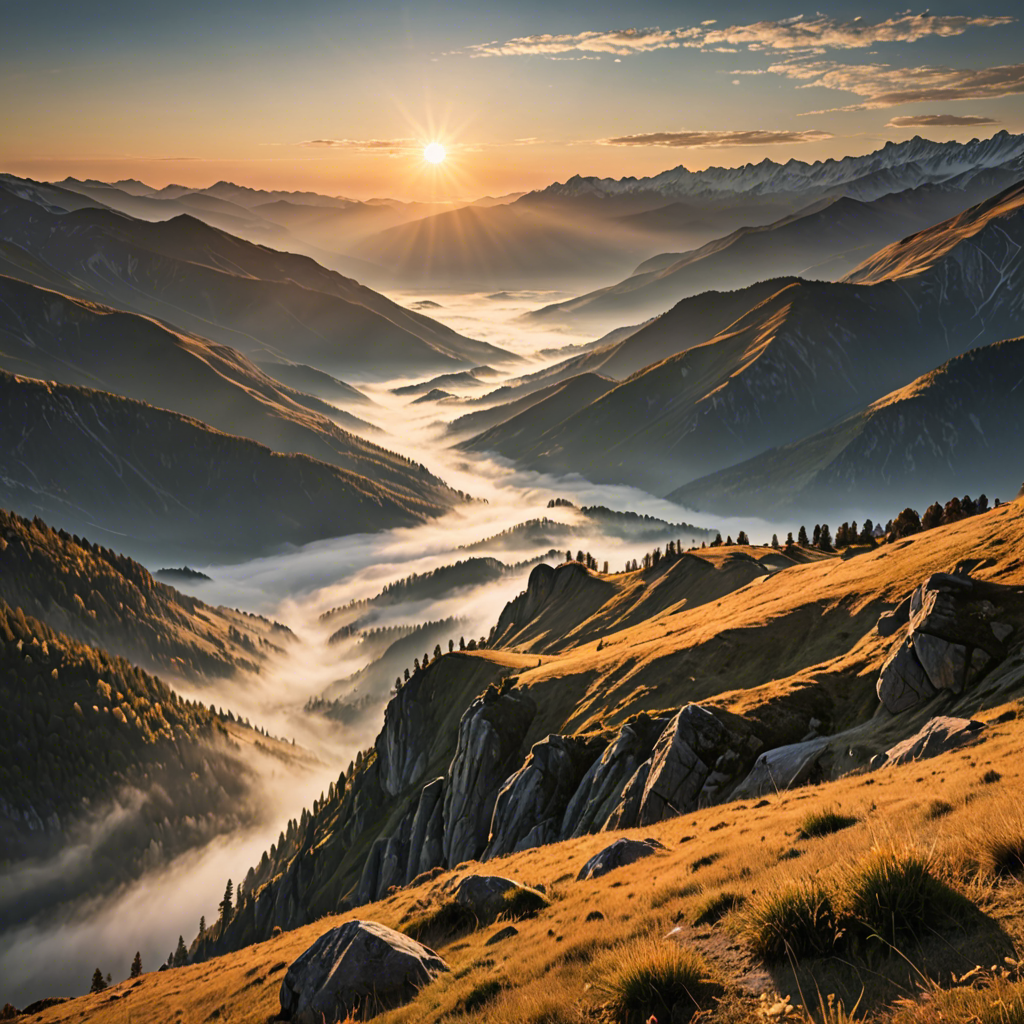 a breathtaking mountain landscape at sunrise, mist over the valley, golden light, ultra detailed — image 17