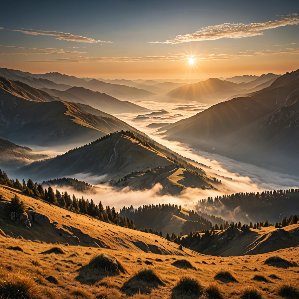 a breathtaking mountain landscape at sunrise, mist over the valley, golden light, ultra detailed — image 18