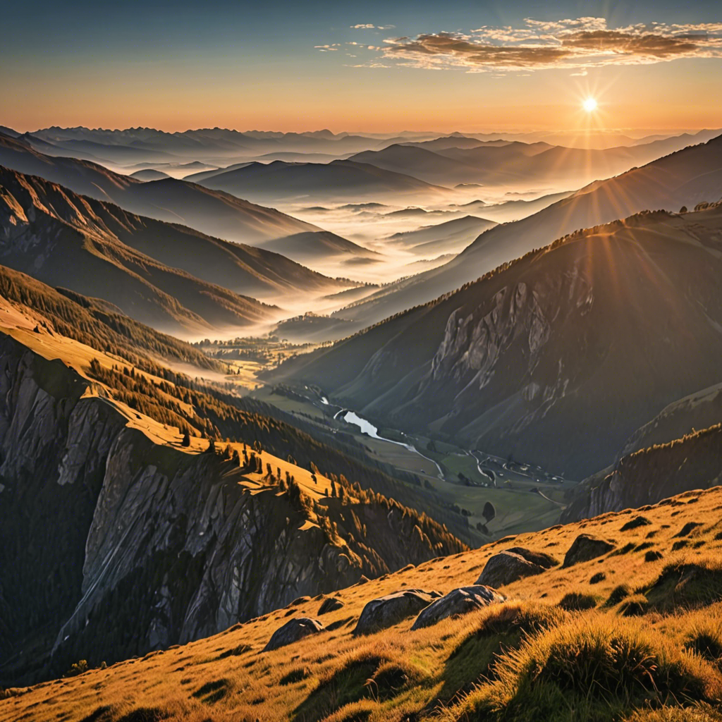 a breathtaking mountain landscape at sunrise, mist over the valley, golden light, ultra detailed — image 19