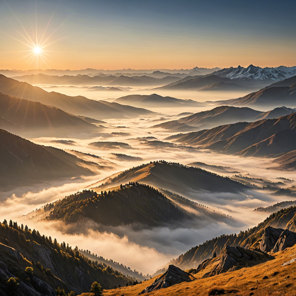 a breathtaking mountain landscape at sunrise, mist over the valley, golden light, ultra detailed — image 20