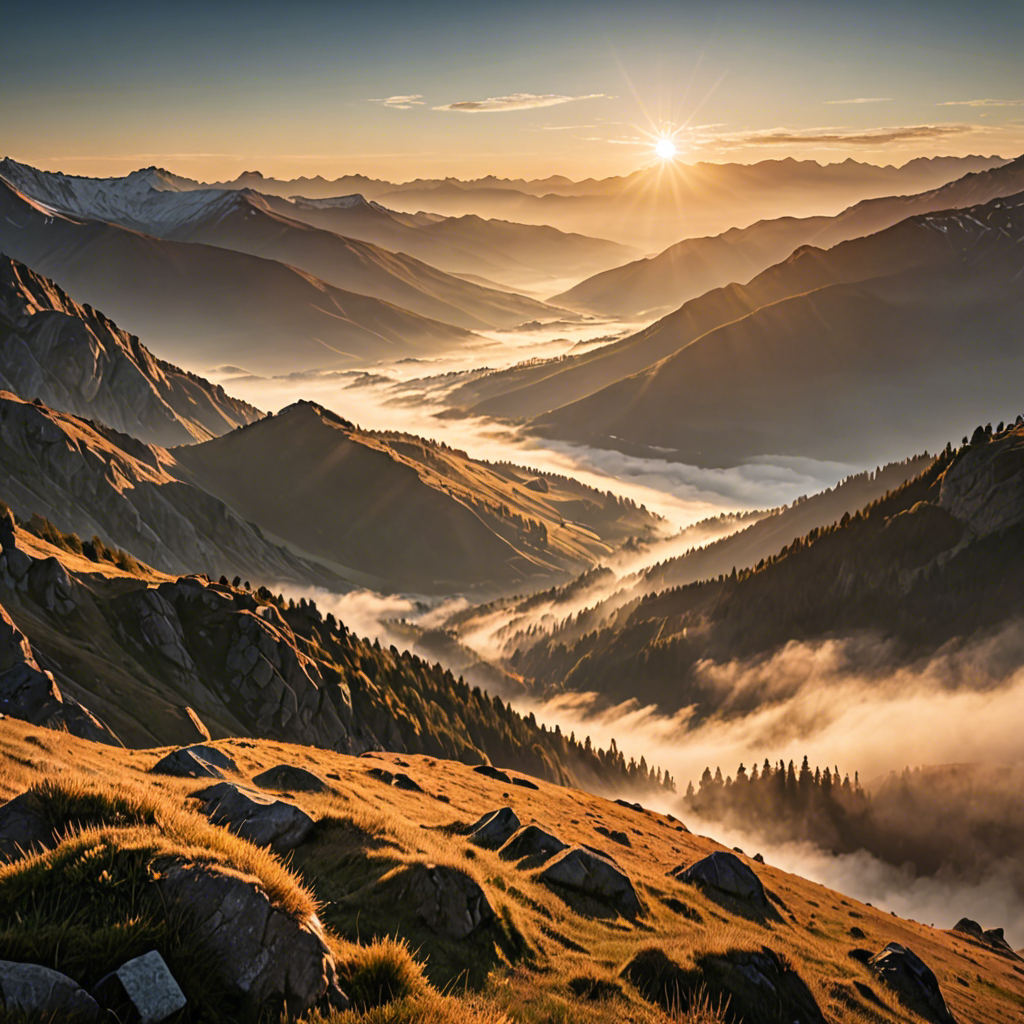 a breathtaking mountain landscape at sunrise, mist over the valley, golden light, ultra detailed — image 21