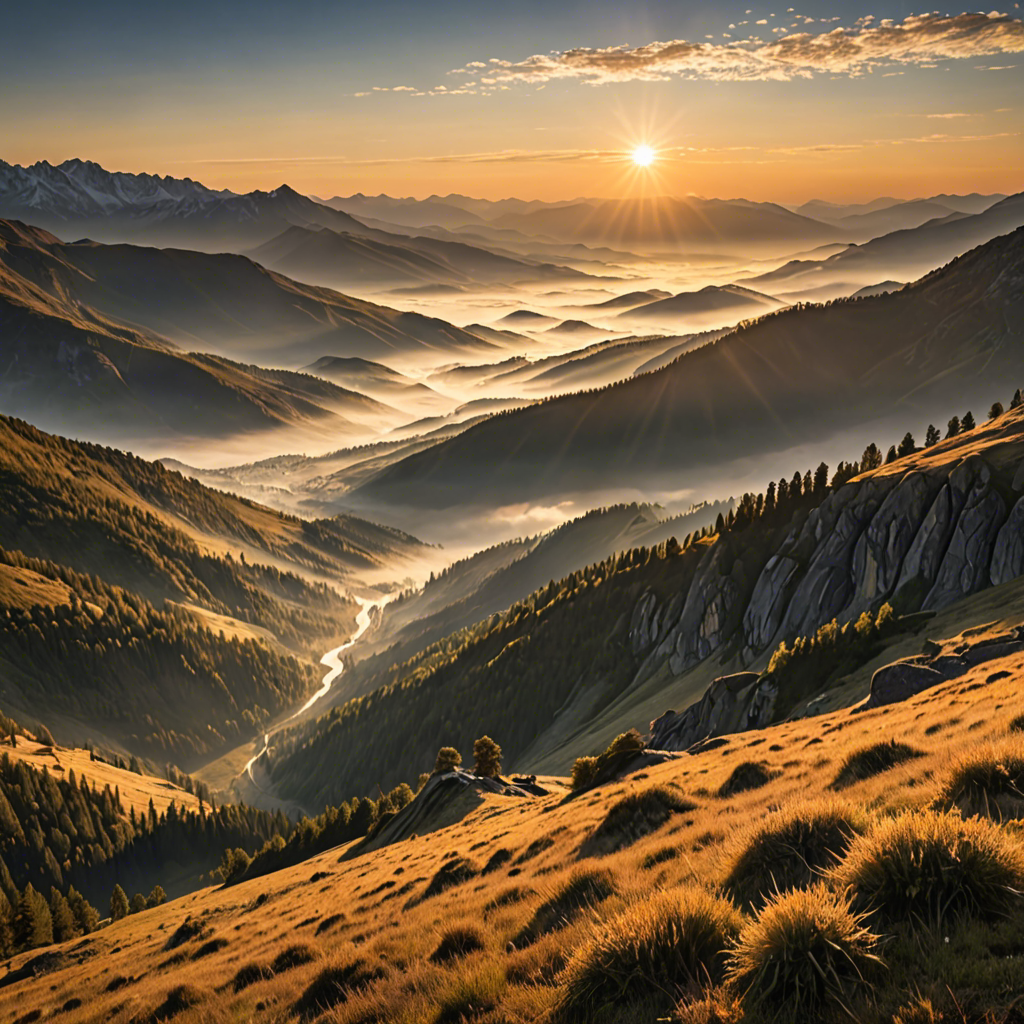 a breathtaking mountain landscape at sunrise, mist over the valley, golden light, ultra detailed — image 22