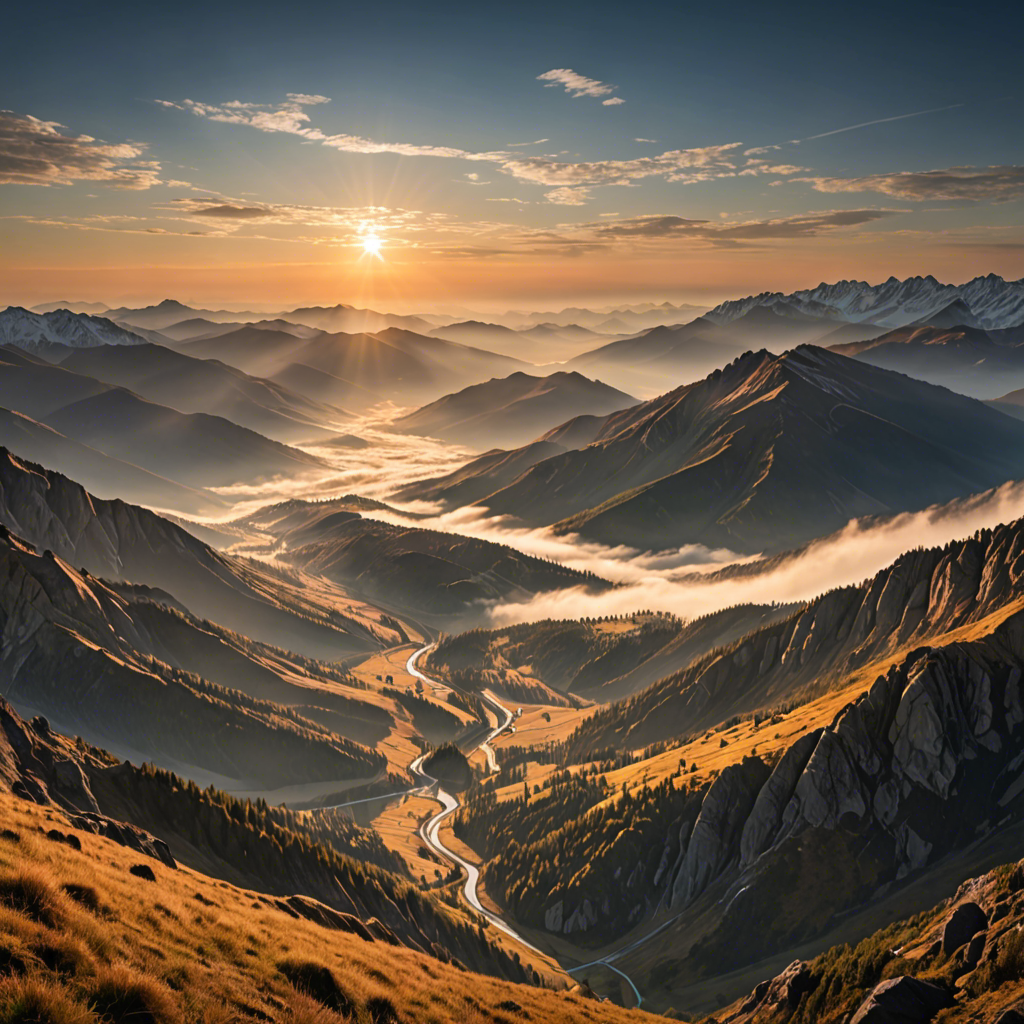 a breathtaking mountain landscape at sunrise, mist over the valley, golden light, ultra detailed — image 23