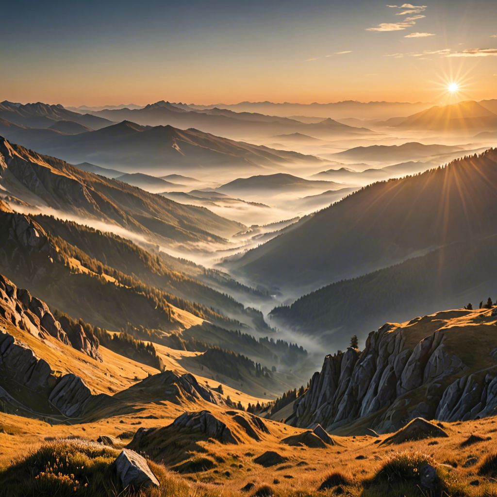 a breathtaking mountain landscape at sunrise, mist over the valley, golden light, ultra detailed — image 24