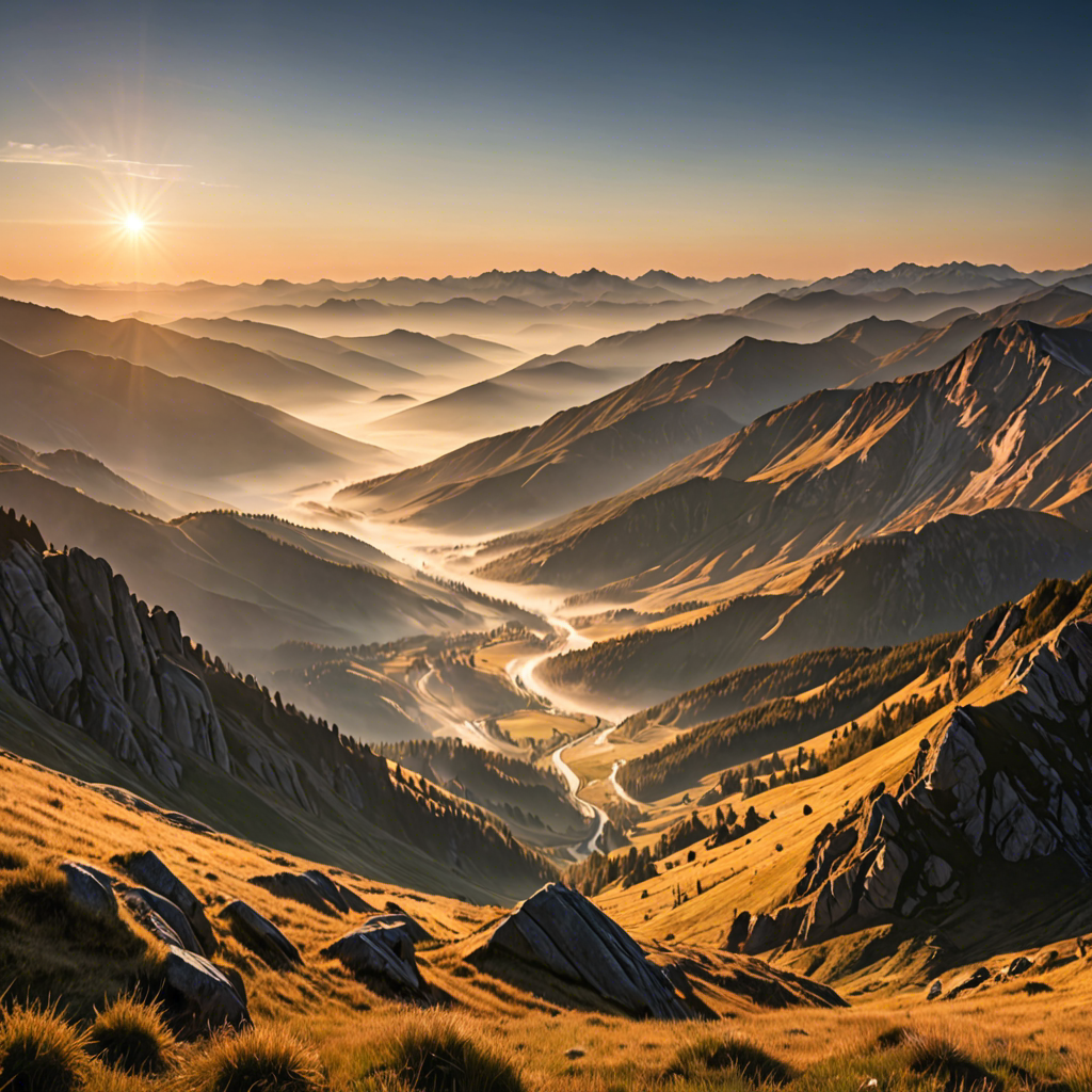 a breathtaking mountain landscape at sunrise, mist over the valley, golden light, ultra detailed — image 25