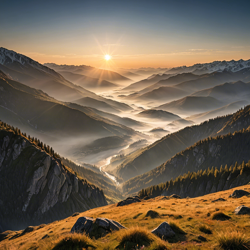 a breathtaking mountain landscape at sunrise, mist over the valley, golden light, ultra detailed — image 2