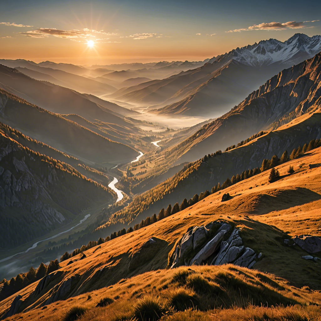 a breathtaking mountain landscape at sunrise, mist over the valley, golden light, ultra detailed — image 4