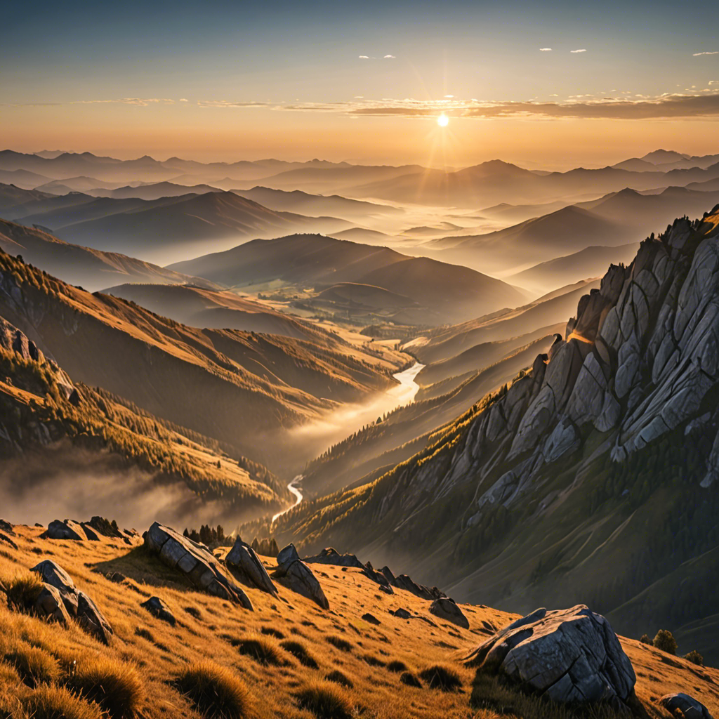 a breathtaking mountain landscape at sunrise, mist over the valley, golden light, ultra detailed — image 1