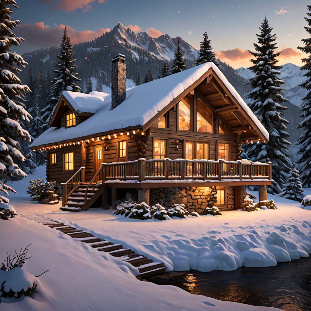 a cozy cabin in the snowy mountains, warm lights, detailed — image 1
