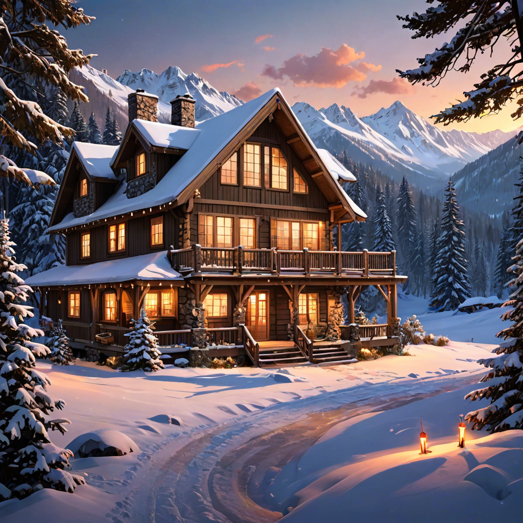 a cozy cabin in the snowy mountains, warm lights, detailed — image 1