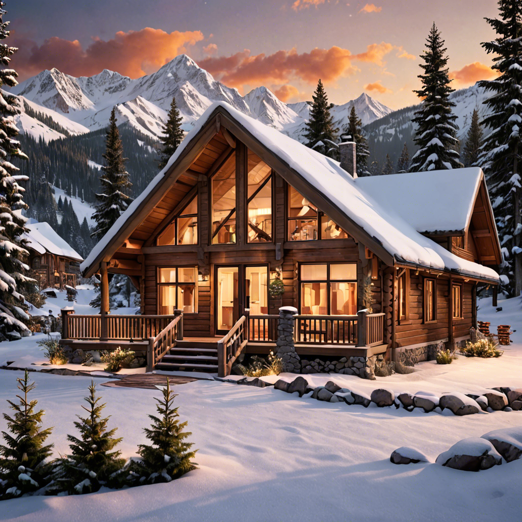 a cozy cabin in the snowy mountains, warm lights, detailed — image 2