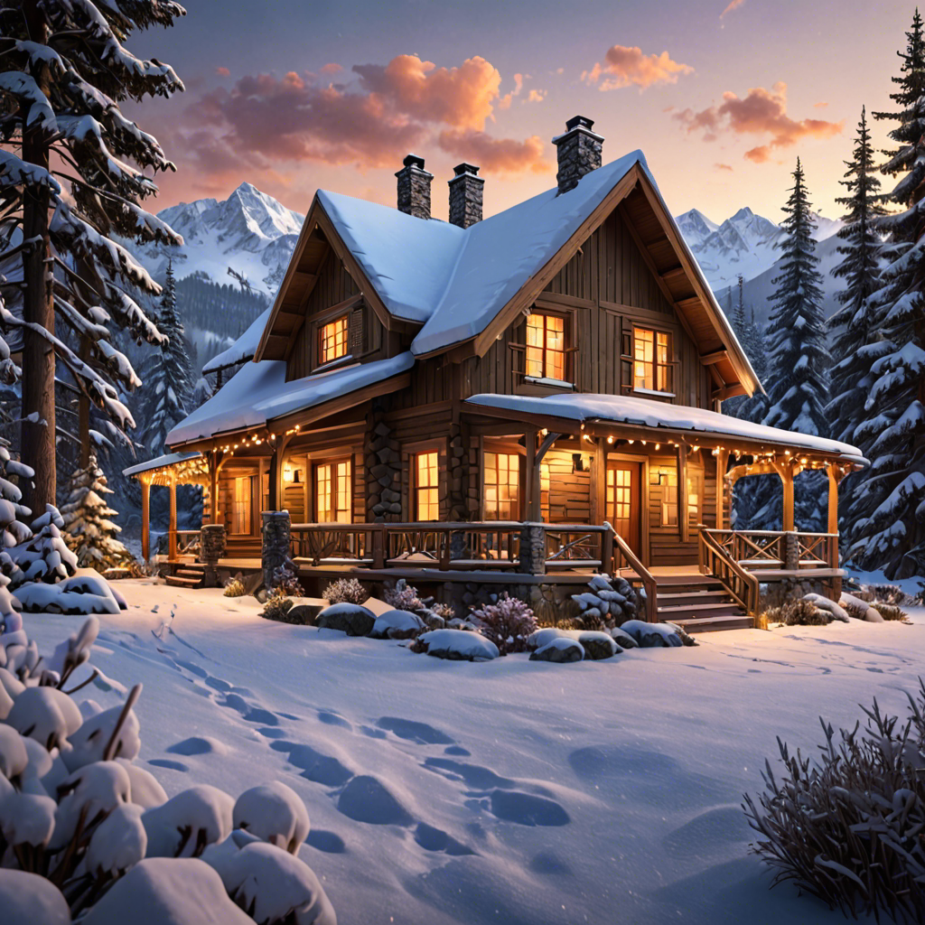 a cozy cabin in the snowy mountains, warm lights, detailed — image 3