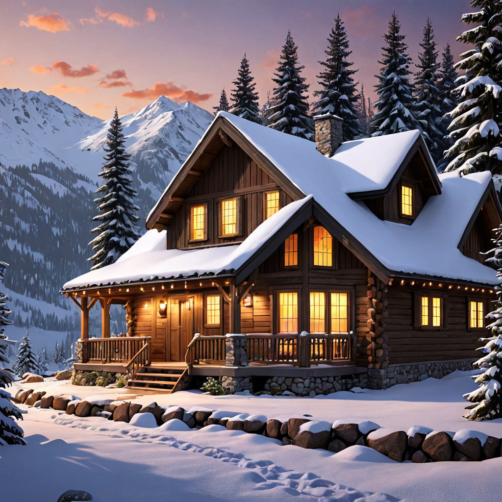 a cozy cabin in the snowy mountains, warm lights, detailed — image 4