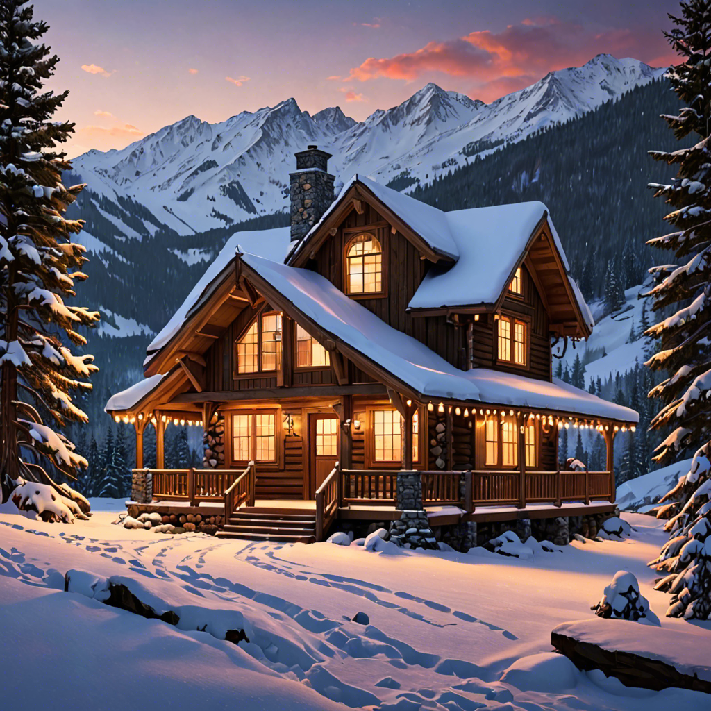 a cozy cabin in the snowy mountains, warm lights, detailed — image 5
