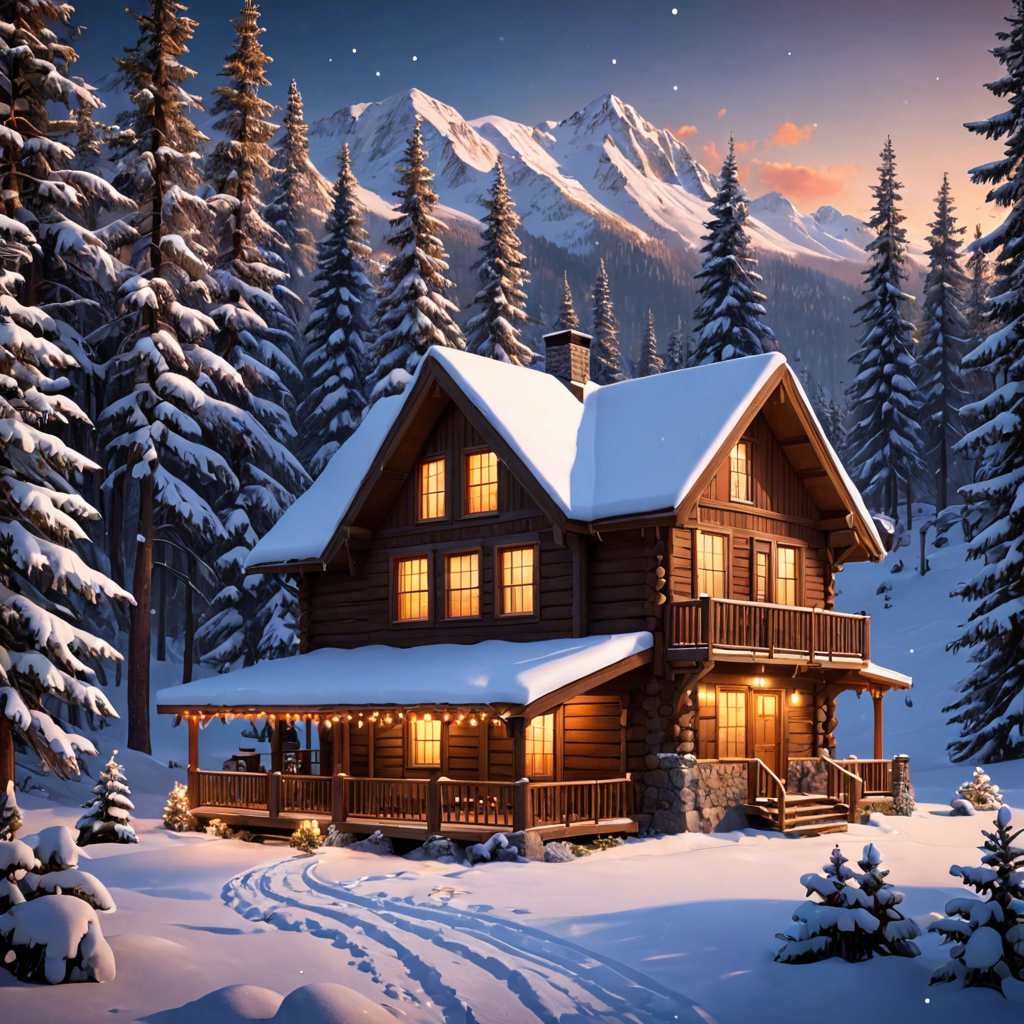 a cozy cabin in the snowy mountains, warm lights, detailed — image 6