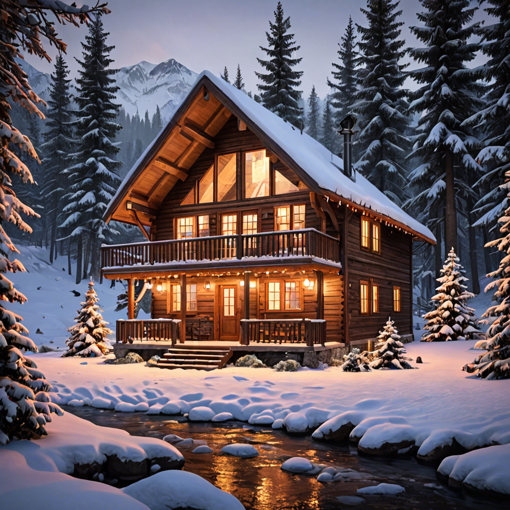 a cozy cabin in the snowy mountains, warm lights, detailed — image 7