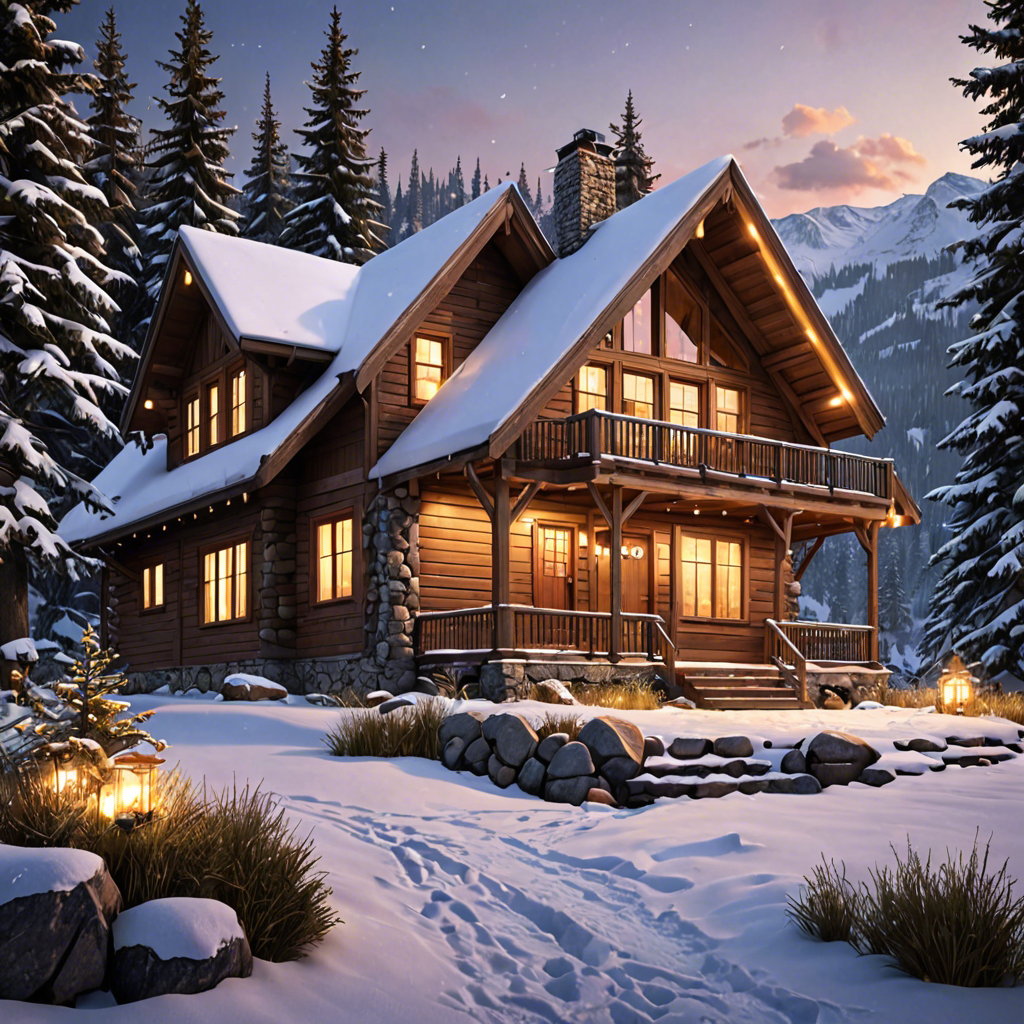 a cozy cabin in the snowy mountains, warm lights, detailed — image 8