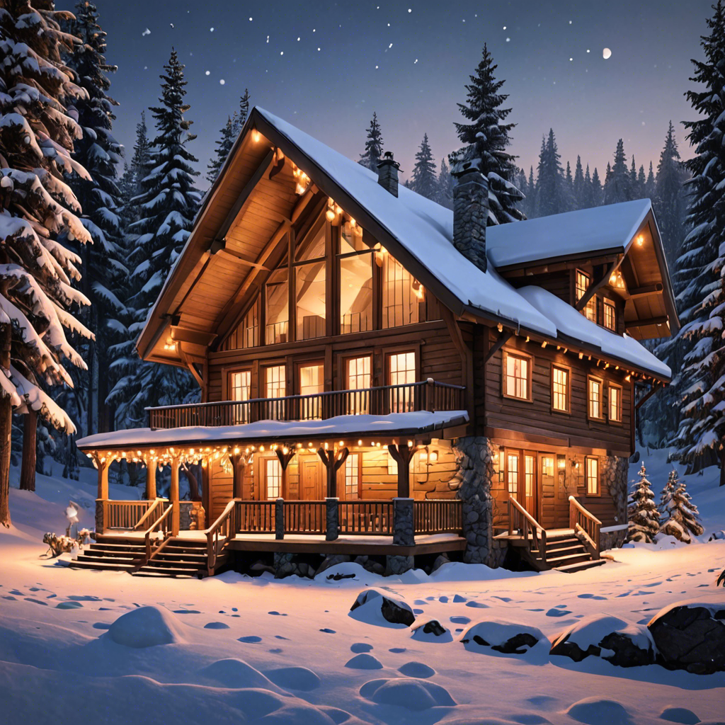 a cozy cabin in the snowy mountains, warm lights, detailed — image 9