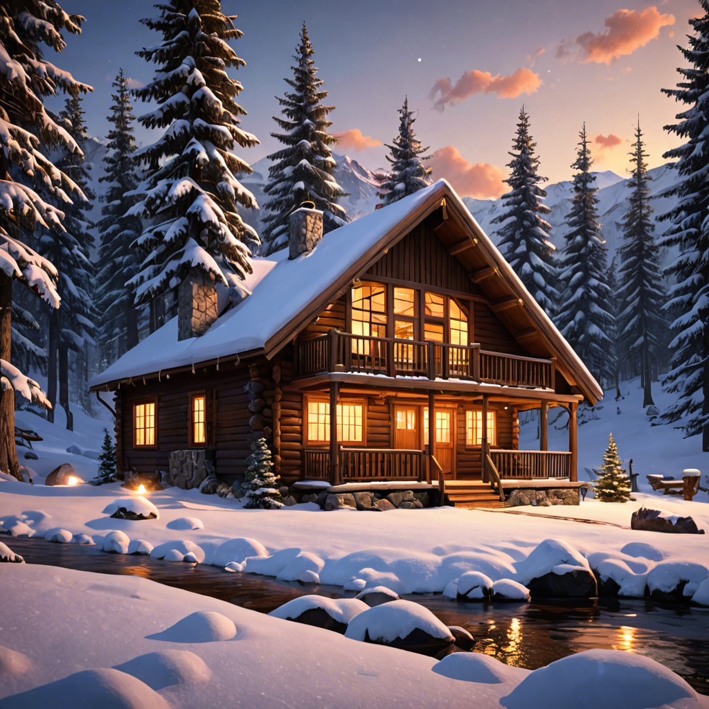 a cozy cabin in the snowy mountains, warm lights, detailed — image 10