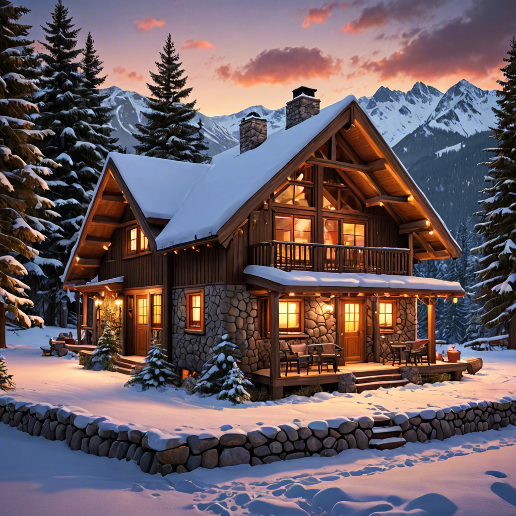 a cozy cabin in the snowy mountains, warm lights, detailed — image 11
