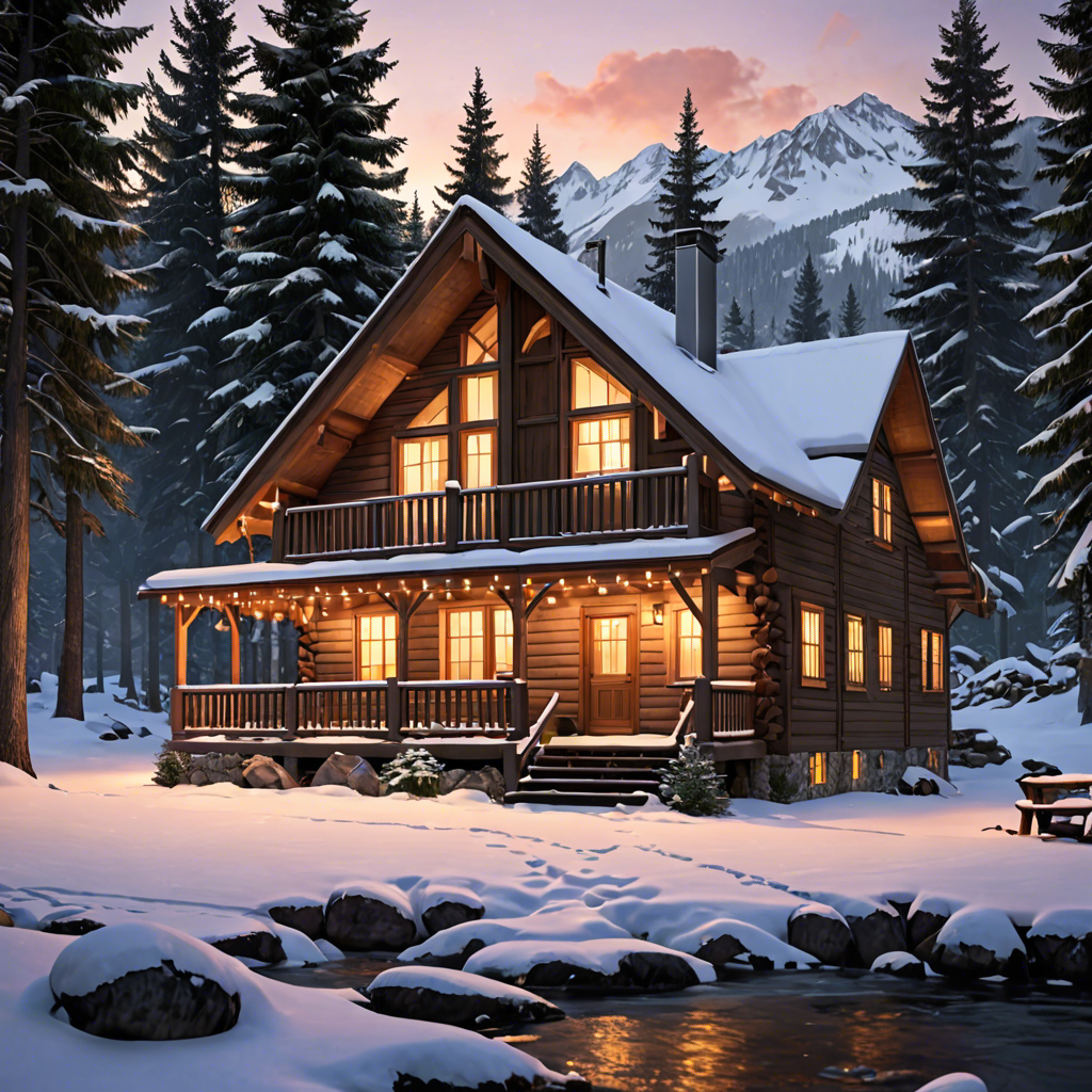 a cozy cabin in the snowy mountains, warm lights, detailed — image 12
