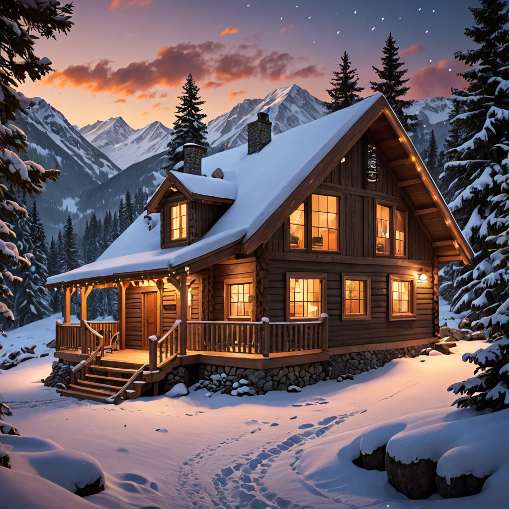 a cozy cabin in the snowy mountains, warm lights, detailed — image 13