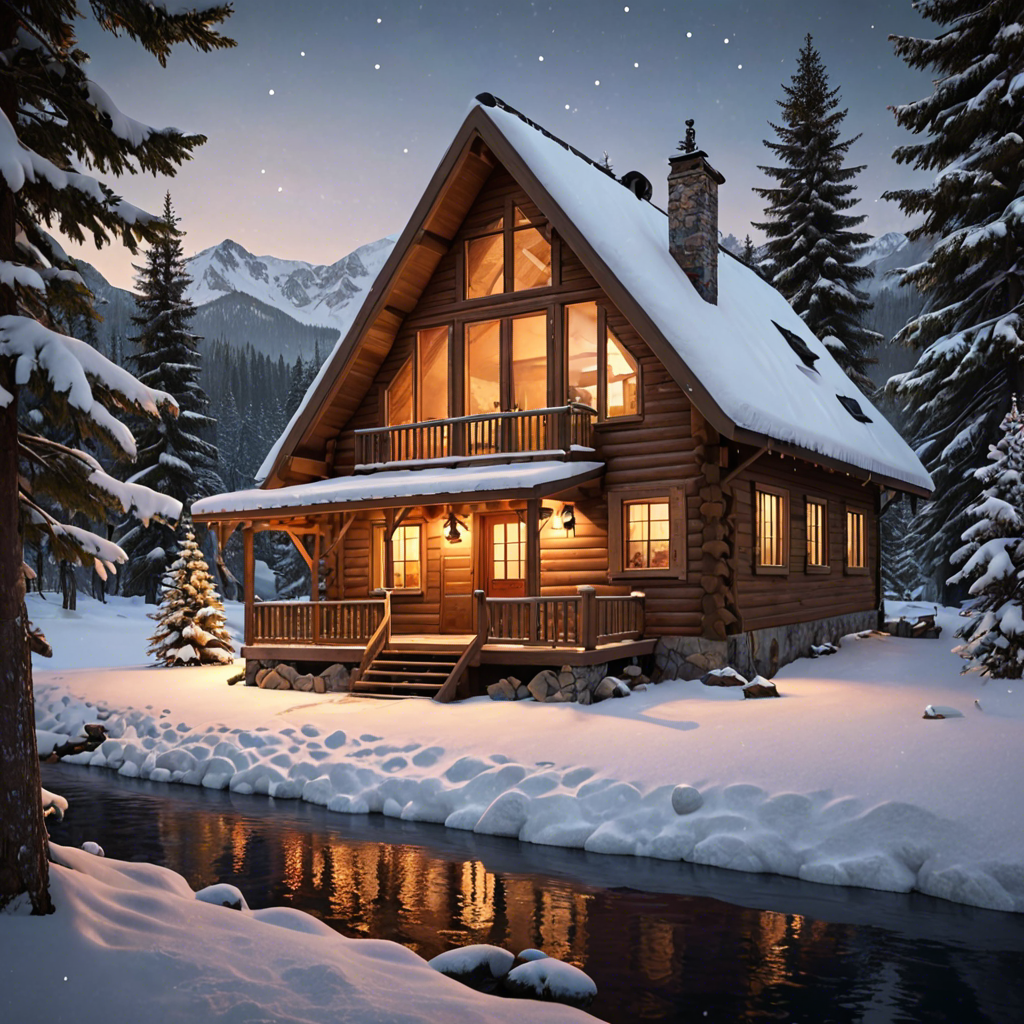 a cozy cabin in the snowy mountains, warm lights, detailed — image 14