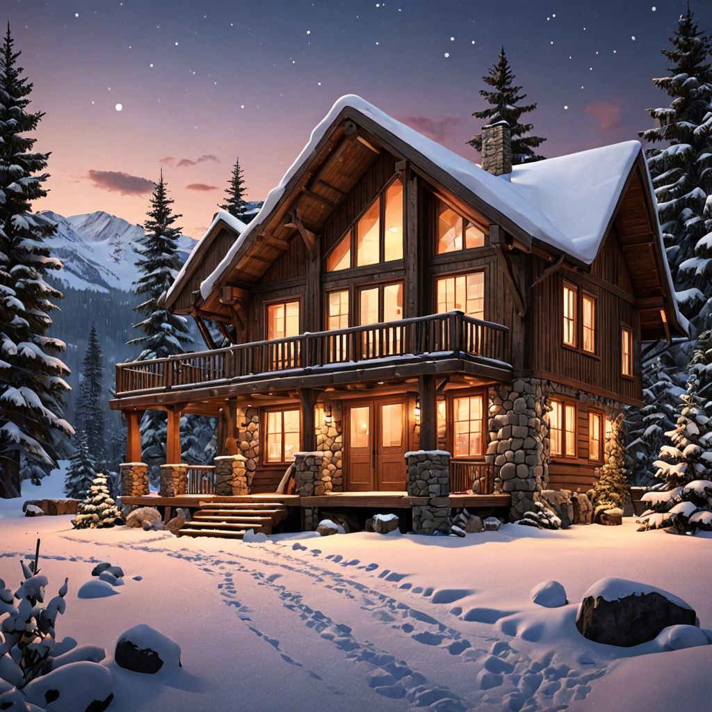 a cozy cabin in the snowy mountains, warm lights, detailed — image 15