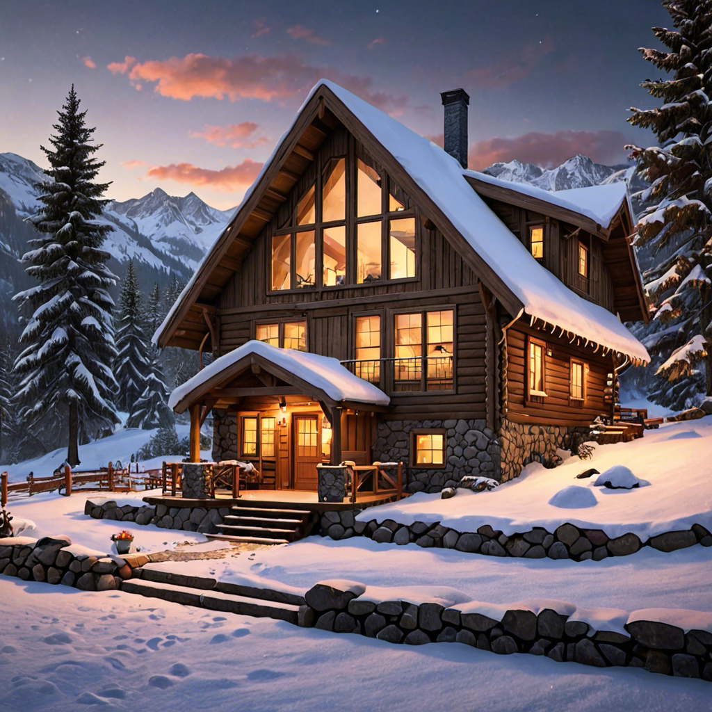 a cozy cabin in the snowy mountains, warm lights, detailed — image 16