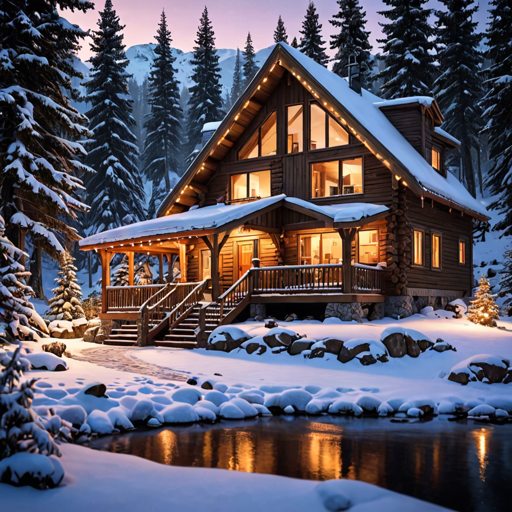 a cozy cabin in the snowy mountains, warm lights, detailed — image 17