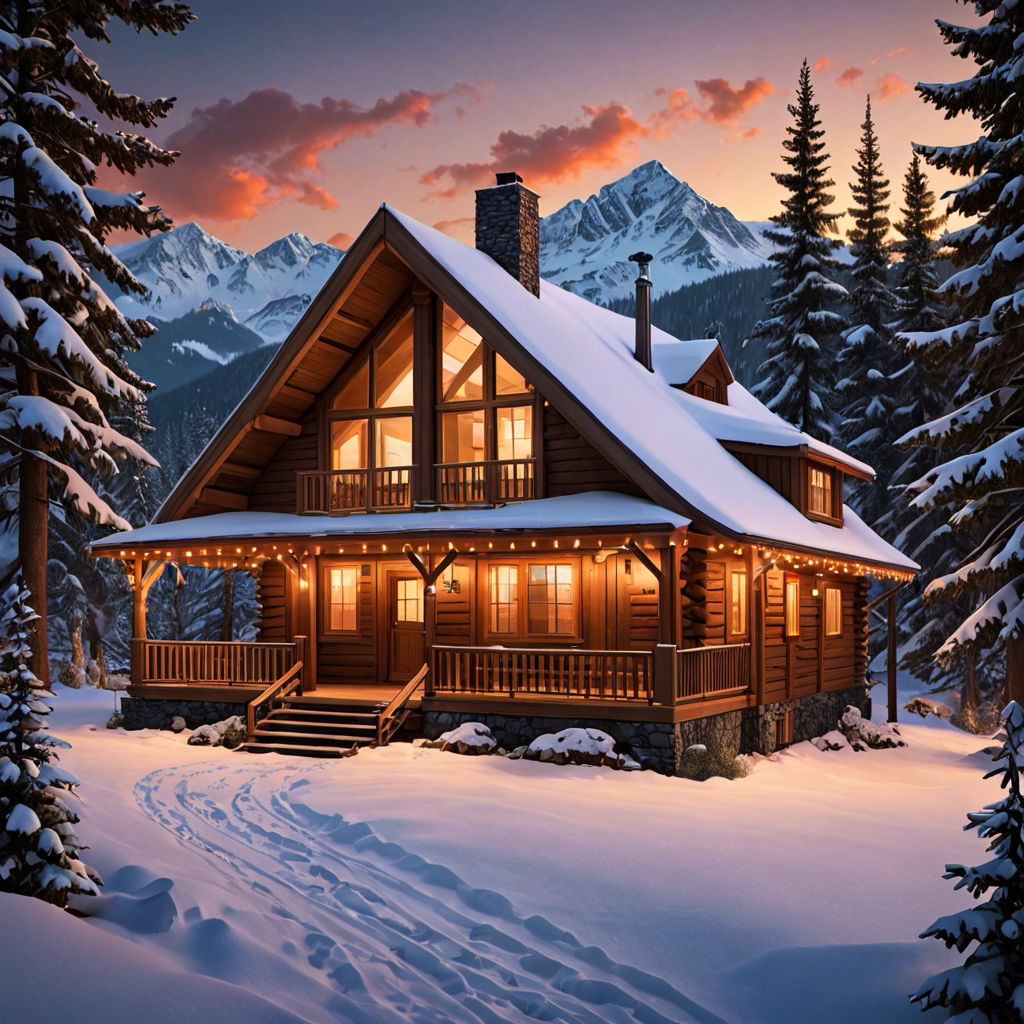 a cozy cabin in the snowy mountains, warm lights, detailed — image 18