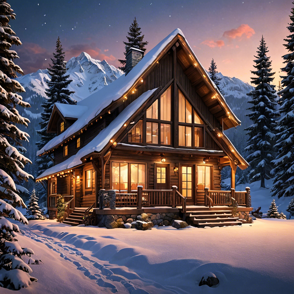a cozy cabin in the snowy mountains, warm lights, detailed — image 19