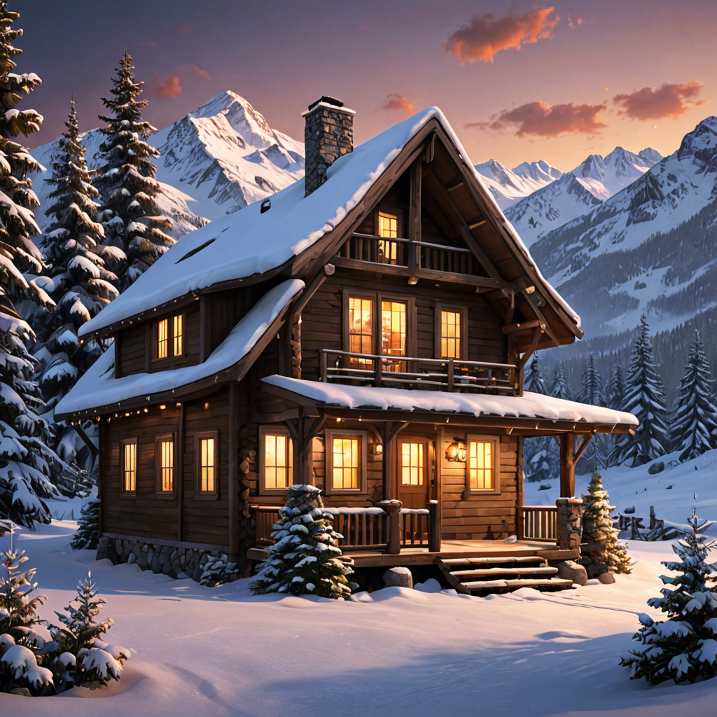 a cozy cabin in the snowy mountains, warm lights, detailed — image 20