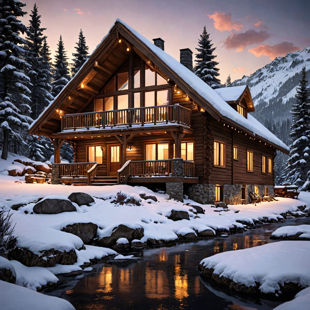 a cozy cabin in the snowy mountains, warm lights, detailed — image 21