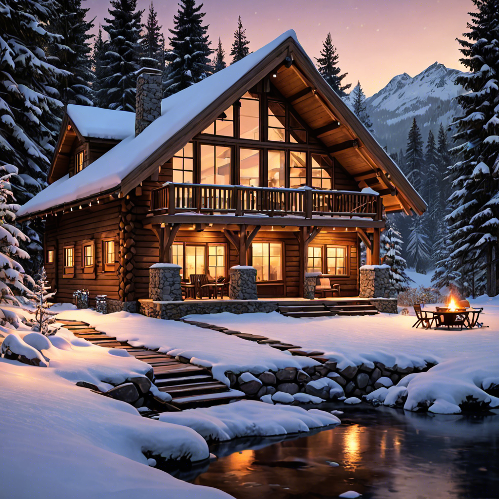 a cozy cabin in the snowy mountains, warm lights, detailed — image 22
