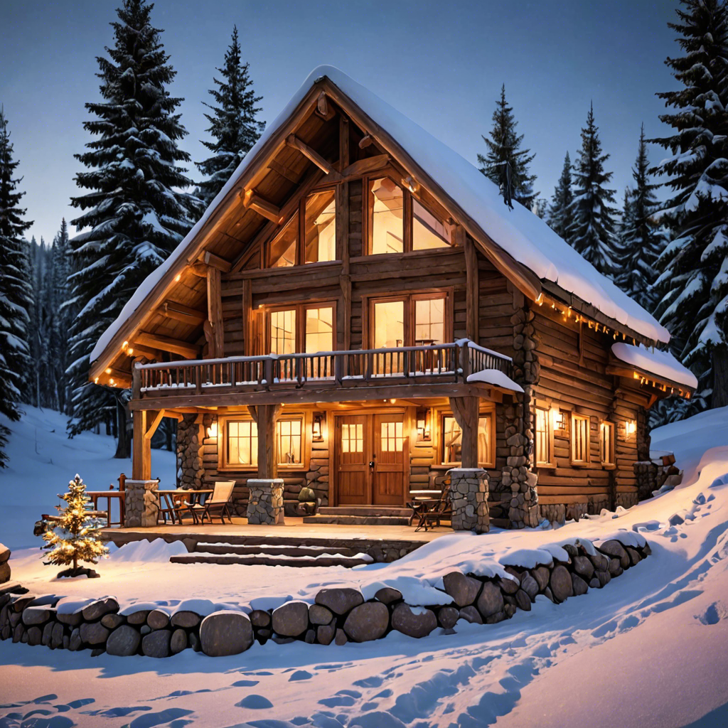 a cozy cabin in the snowy mountains, warm lights, detailed — image 23