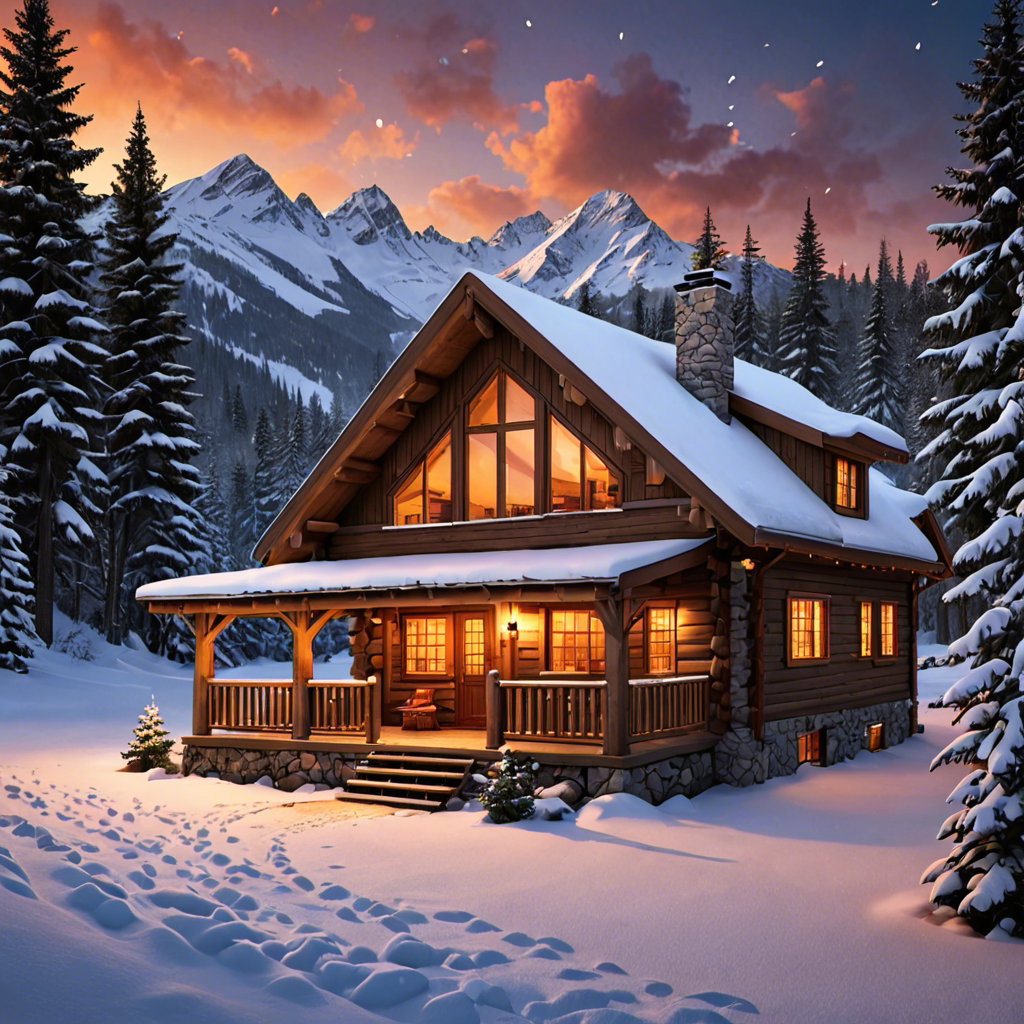 a cozy cabin in the snowy mountains, warm lights, detailed — image 24