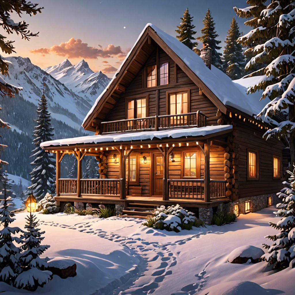 a cozy cabin in the snowy mountains, warm lights, detailed — image 25